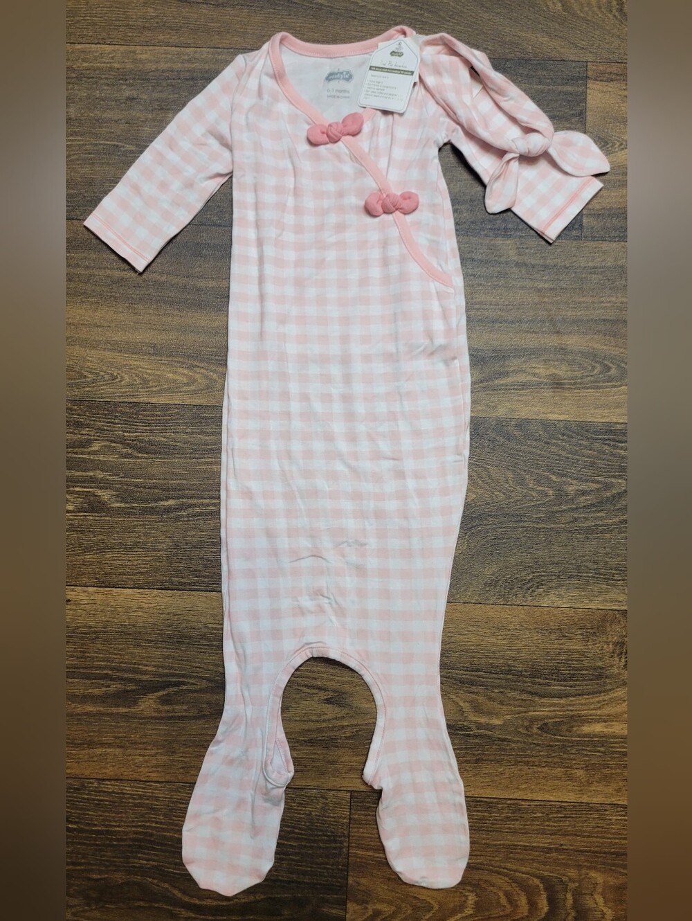Nwt Baby Girl Mud Pie Pink Gingham Take Me Home Set Headband Knotted Gown 0-3mth